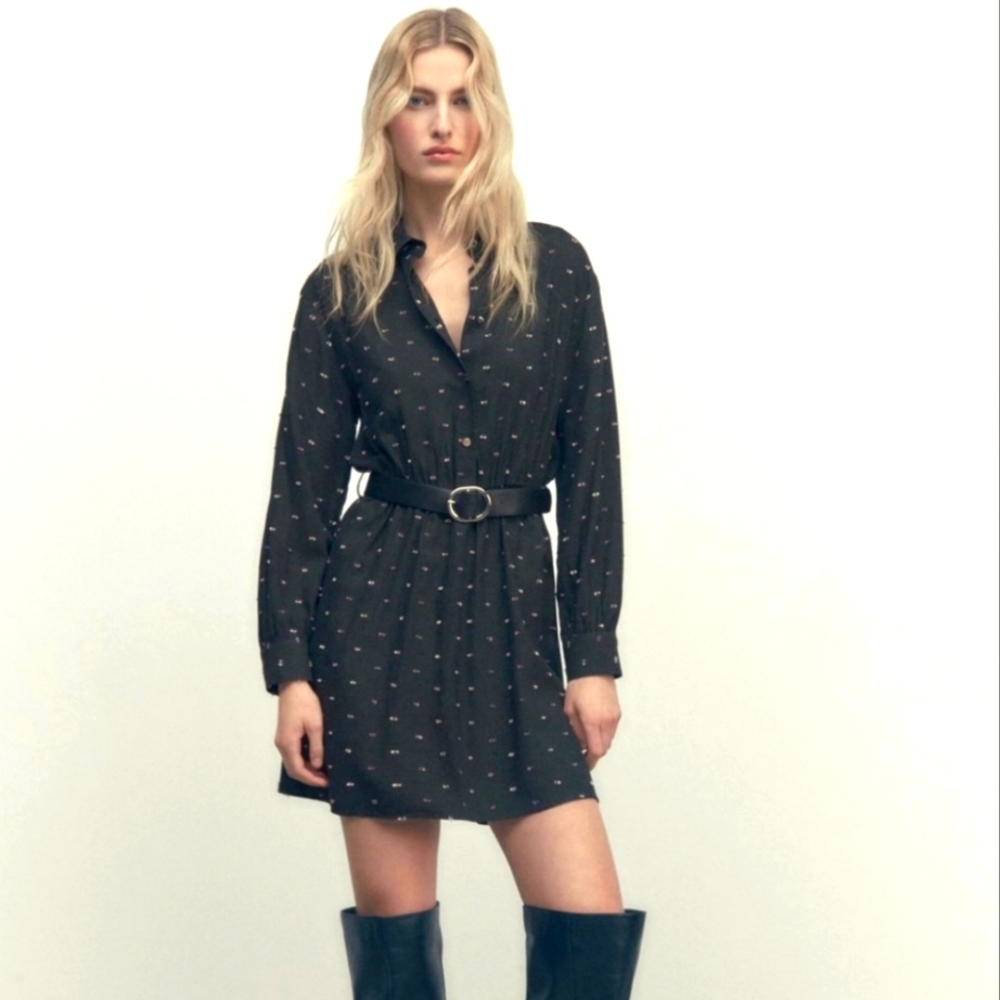 Zara Belted Dot Shirtdress Black Size S small NWT